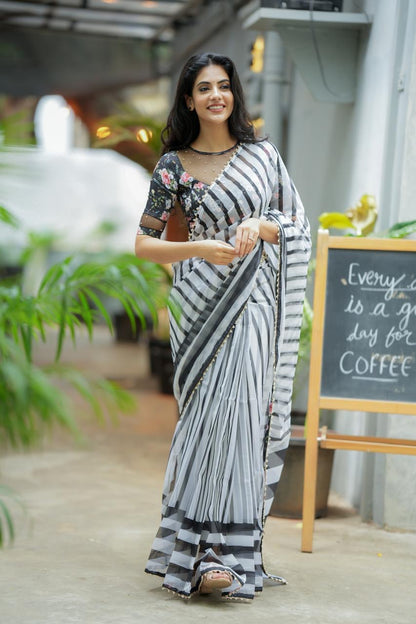 Black & white stripe organza saree with hand work blouse