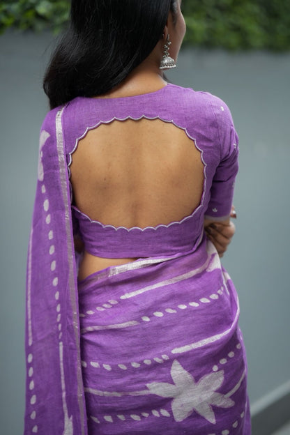 Purple linen floral saree with hand work blouse