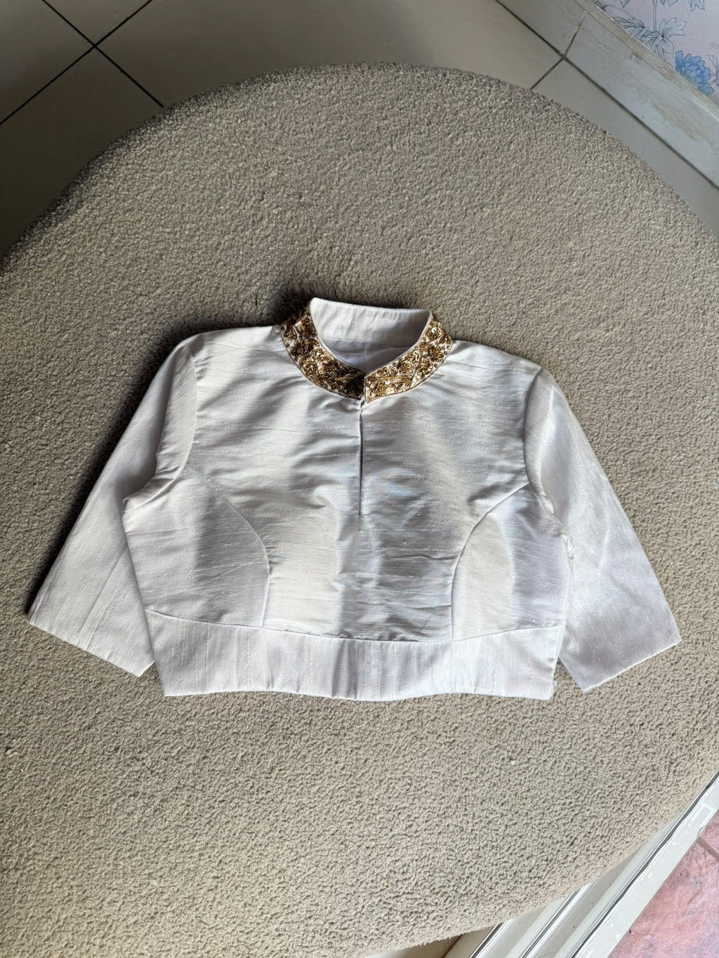 White silk collar hand work blouse