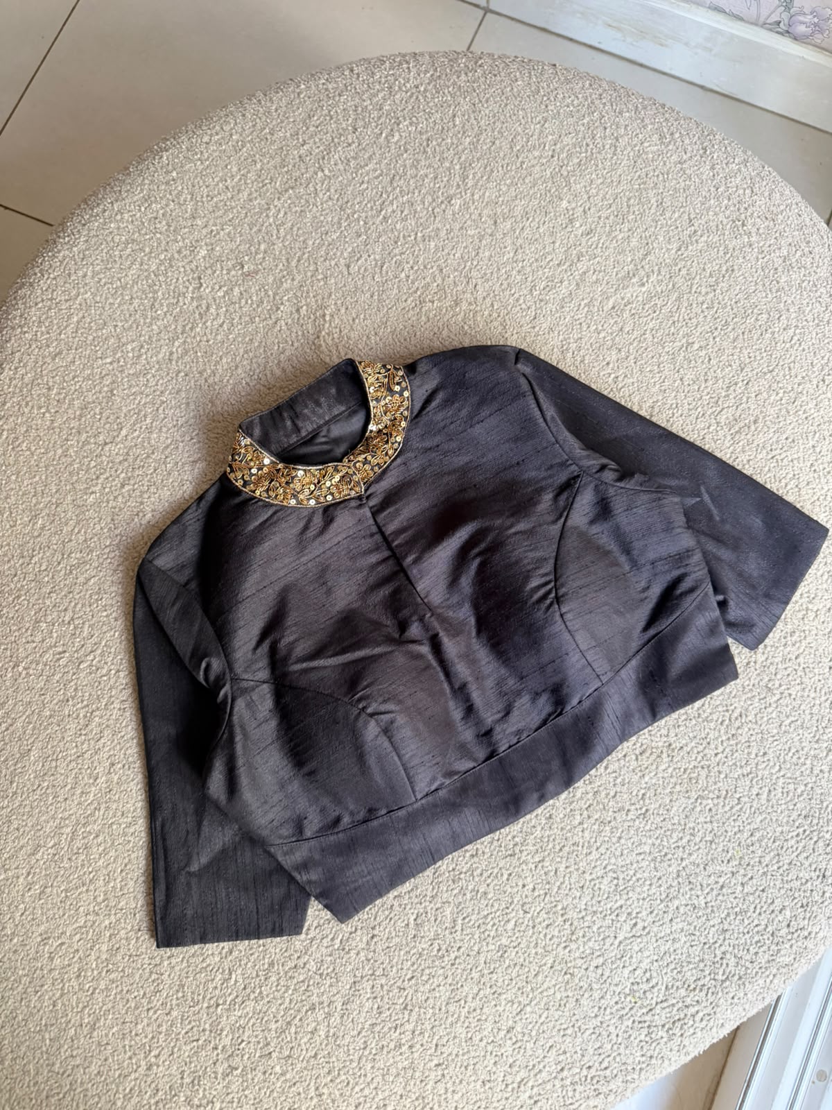 Black silk collar hand work blouse