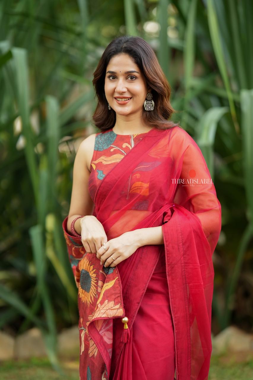 Maroon soft organza saree with kalamkari blouse