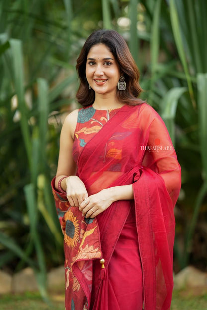 Maroon soft organza saree with kalamkari blouse