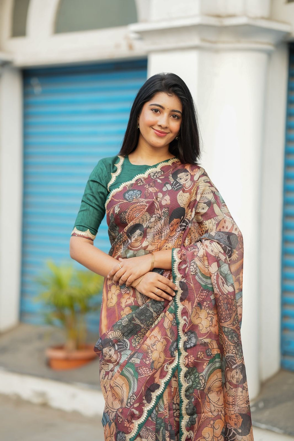 Brown kota kalamkari saree with embroidery blouse