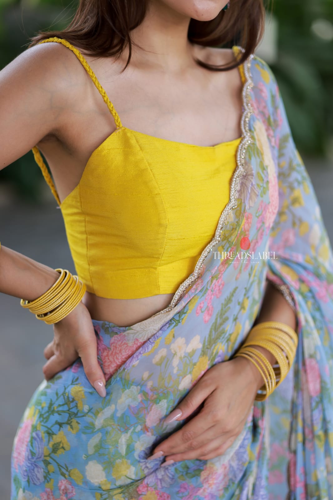 Yellow silk netted hand work blouse (only Blouse)