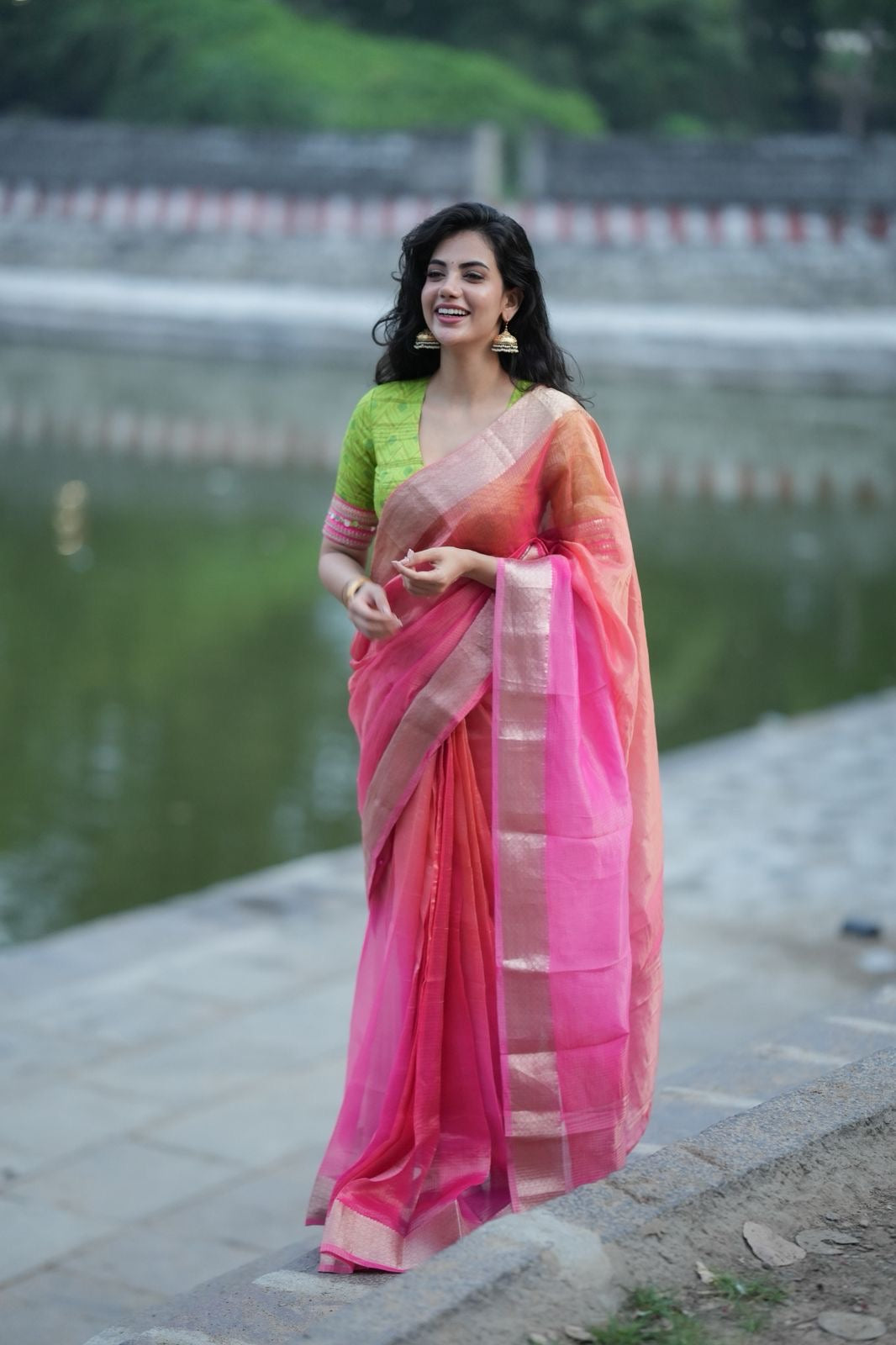 Parrot ikkat silk hand work blouse (Only blouse)