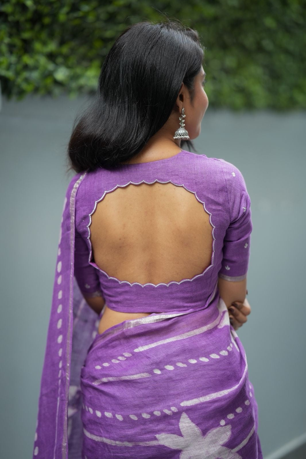 Purple linen floral saree with hand work blouse