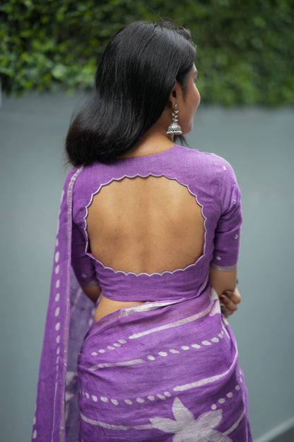 Purple linen floral saree with hand work blouse