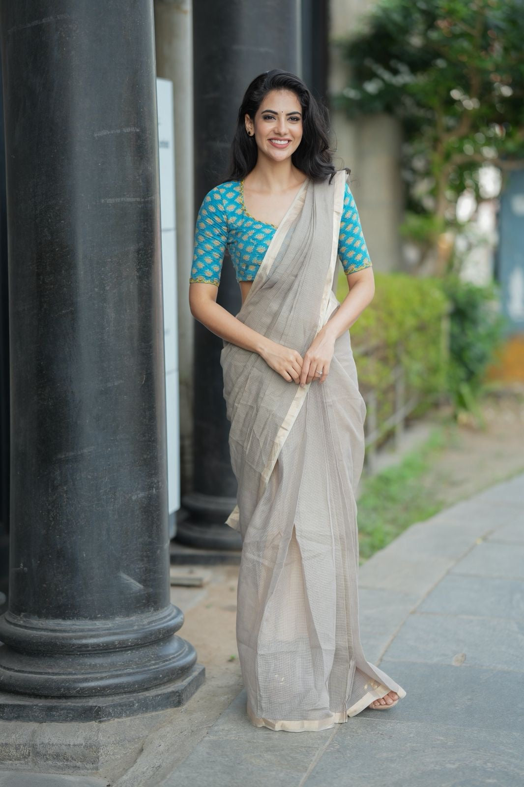 Grey pure kota saree with blue hand work blouse