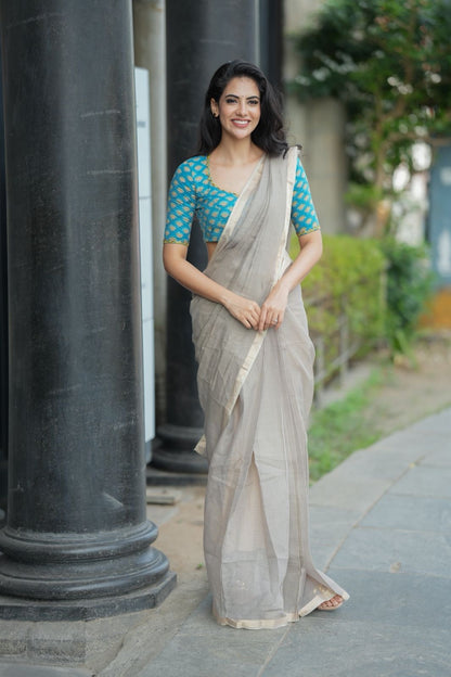 Grey pure kota saree with blue hand work blouse