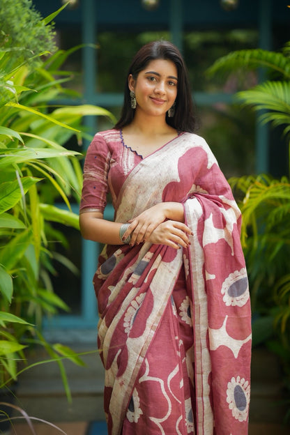 Brown linen floral saree with hand work blouse