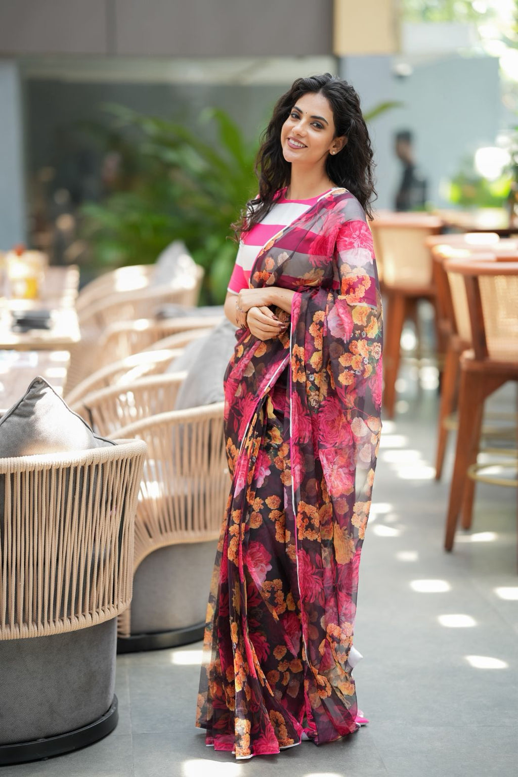 Deep brown soft organza saree with satin blouse
