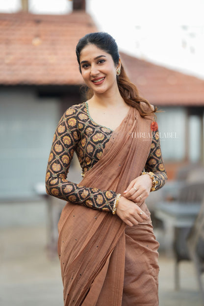 Brown malai chanderi saree with Ajrak print blouse