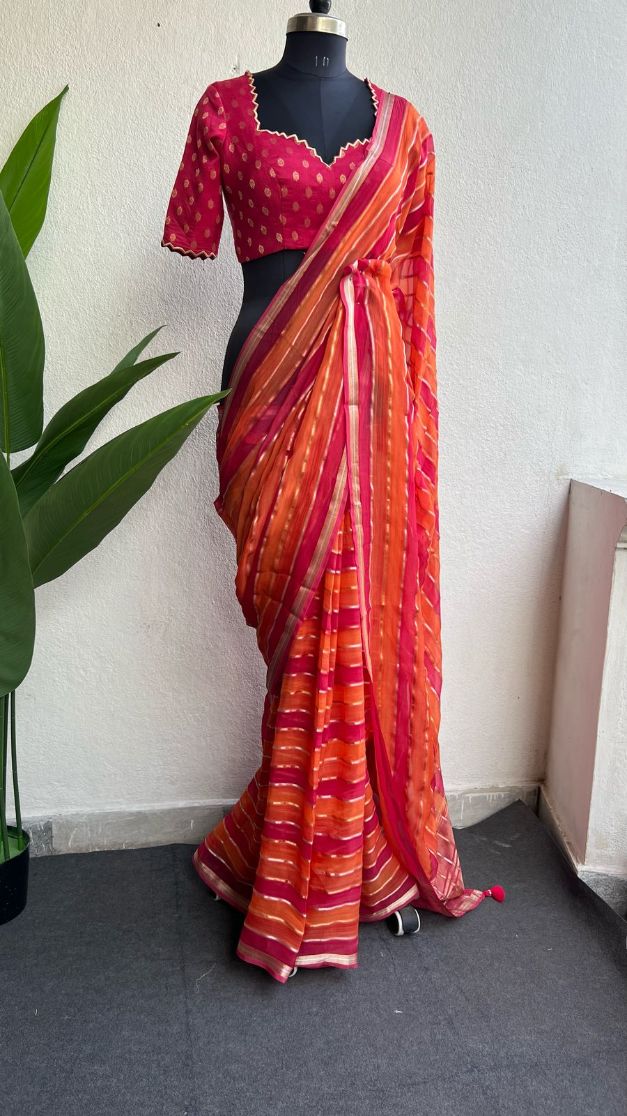 Pink & orange stripped soft organza saree with banarasi hand work blouse