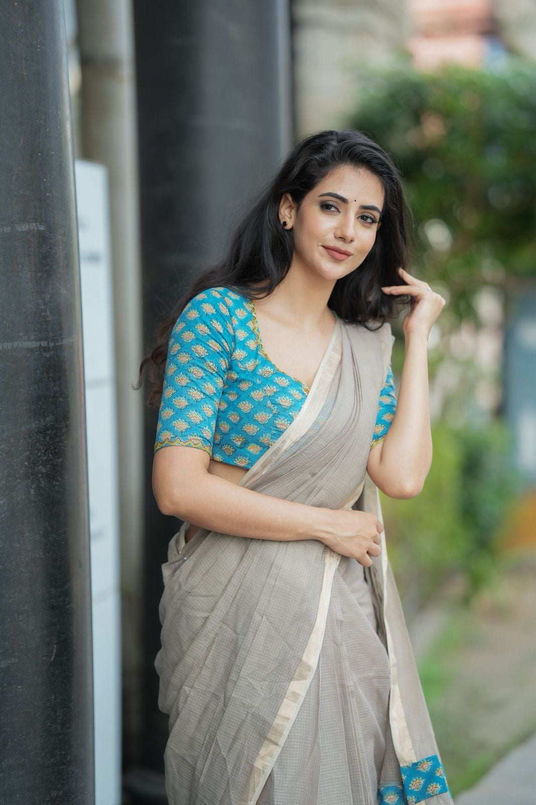 Grey pure kota saree with blue hand work blouse