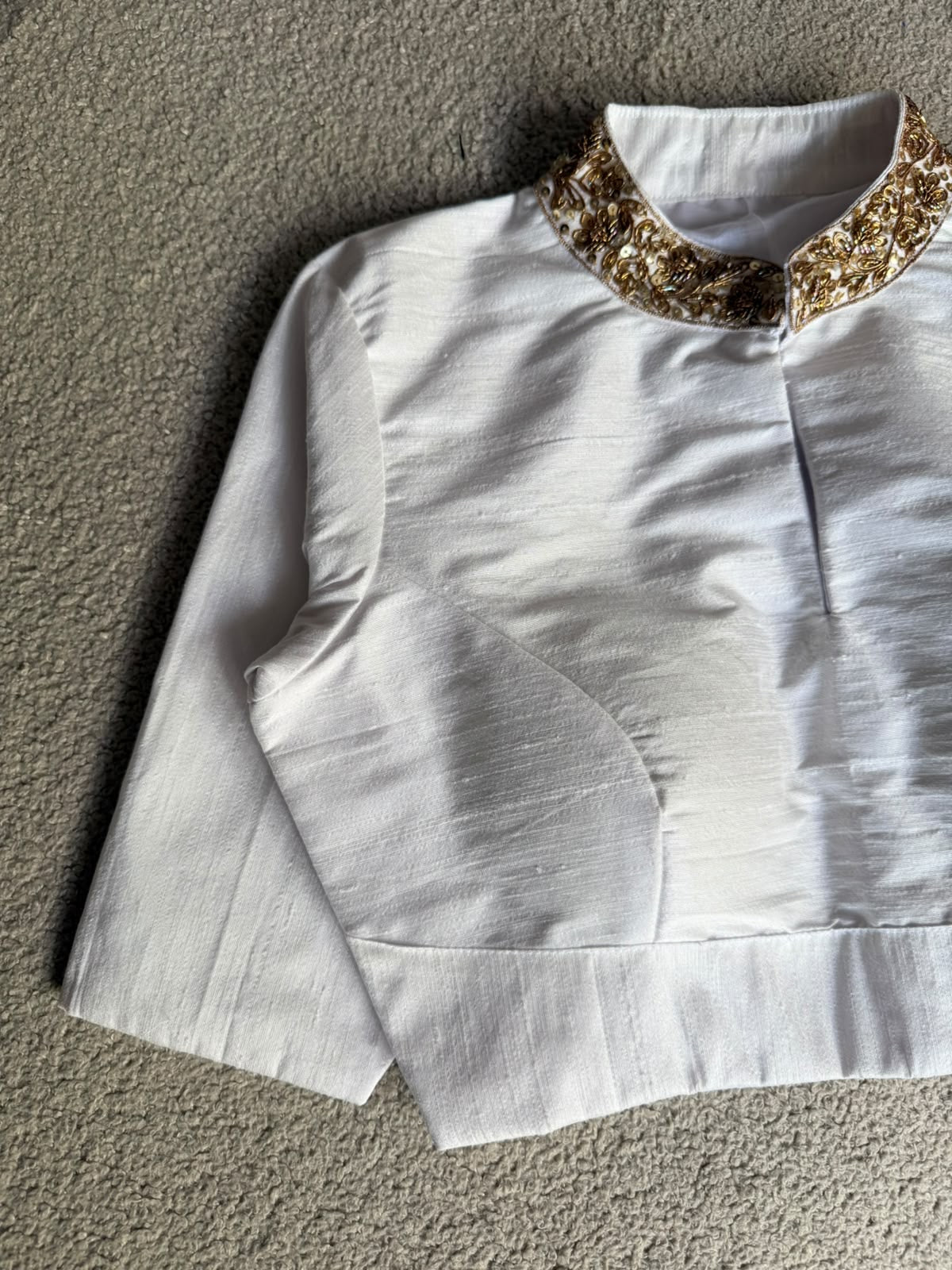 White silk collar hand work blouse
