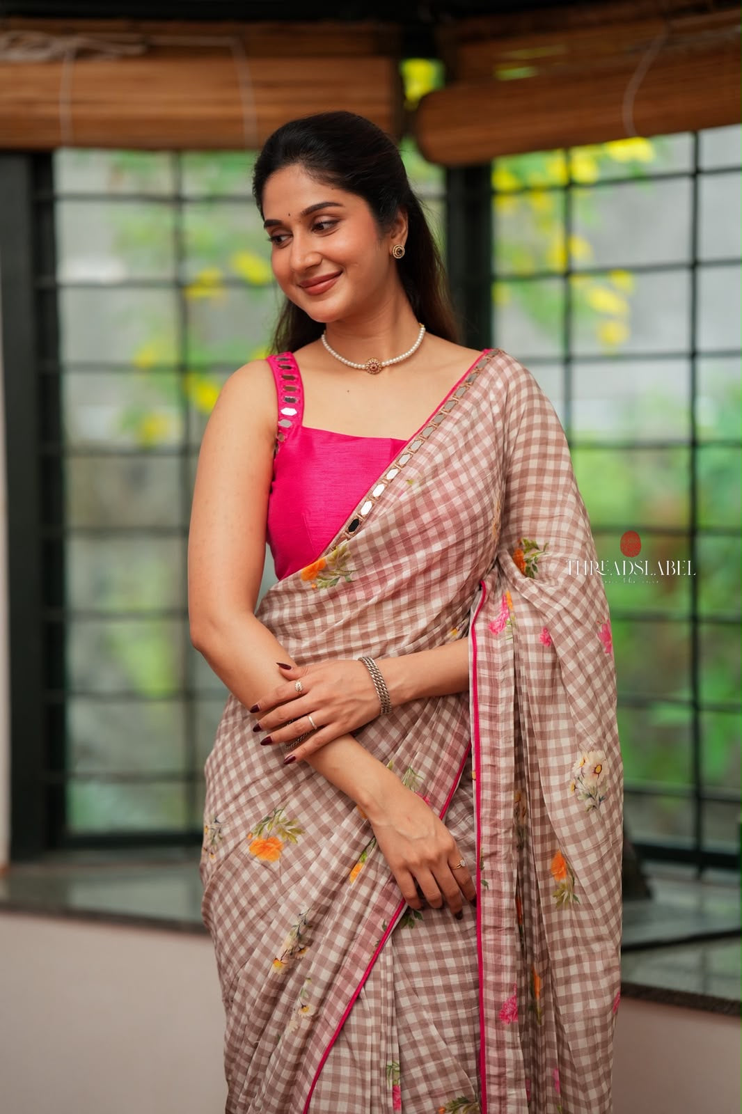 Brown checked mul cotton saree with hand work blouse