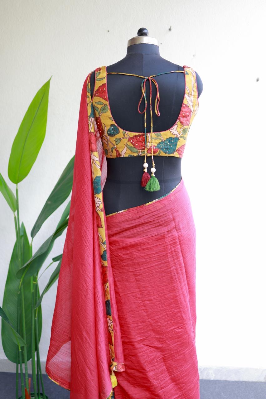 Red chanderi cotton saree with kalamkari handwork blouse