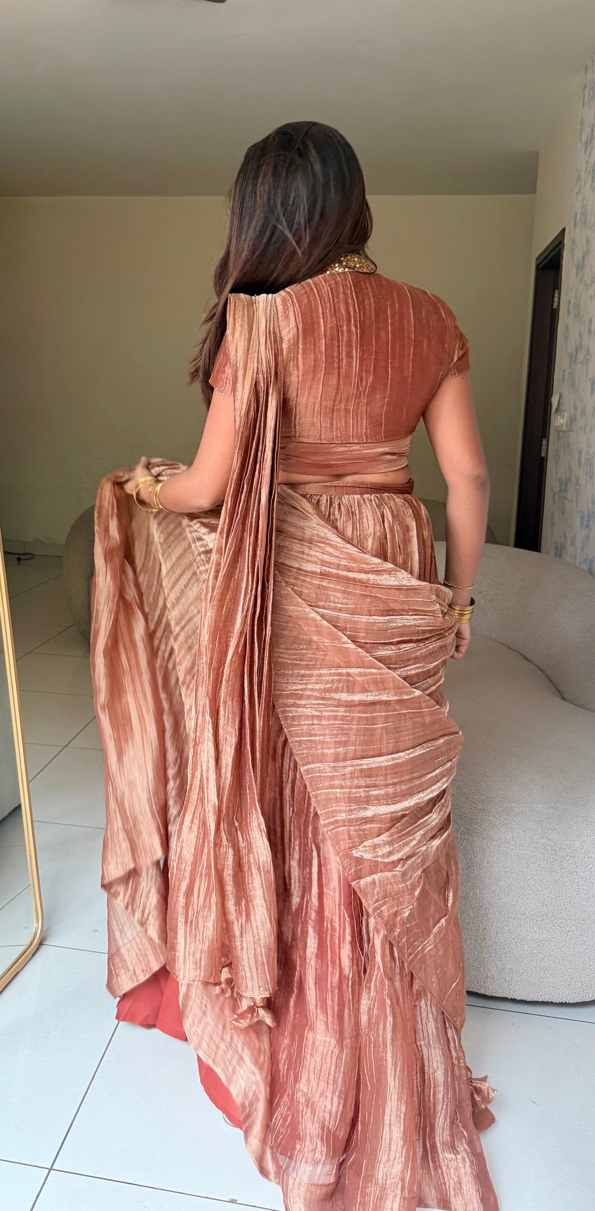 Copper tissue hand work lehenga