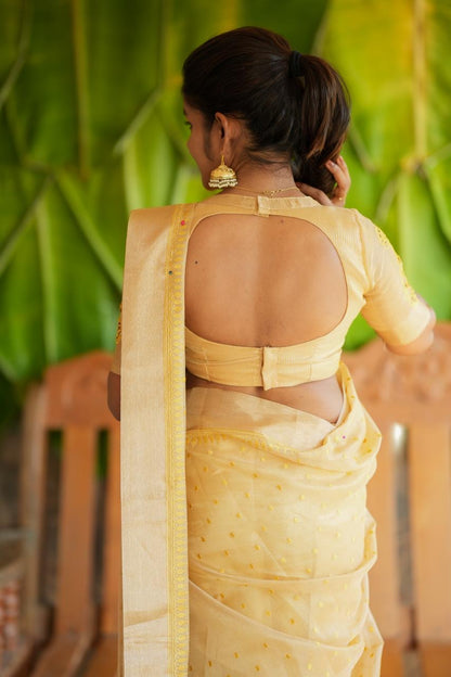 Gold kota doria saree with hand work blouse