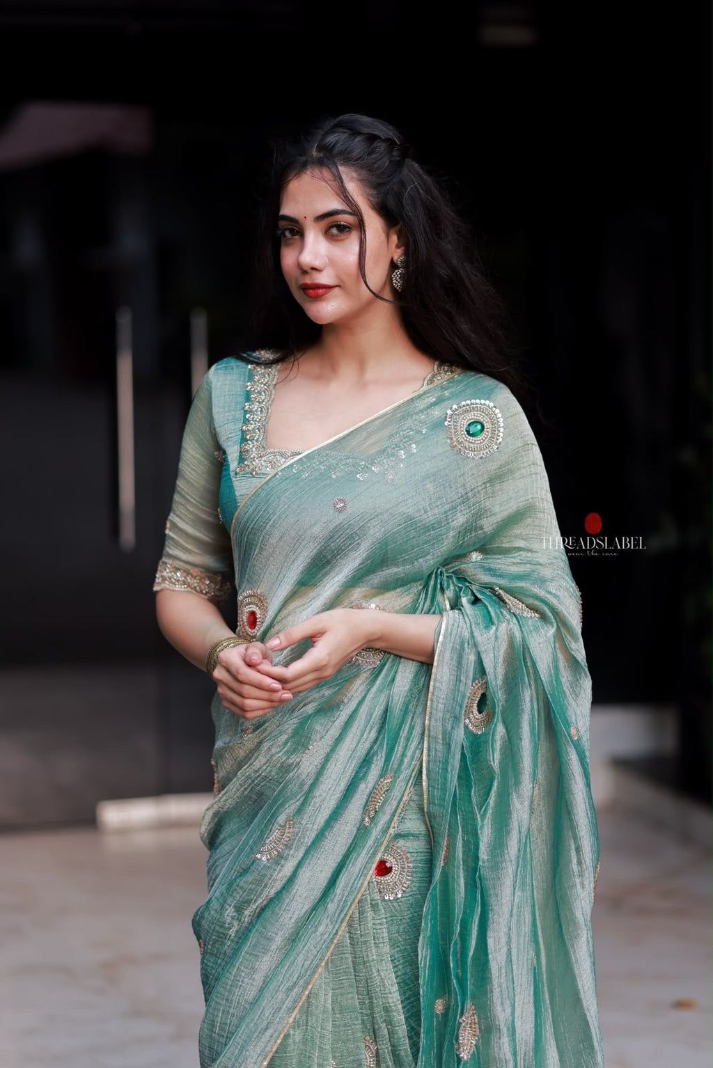Sea blue tissue hand made saree & blouse