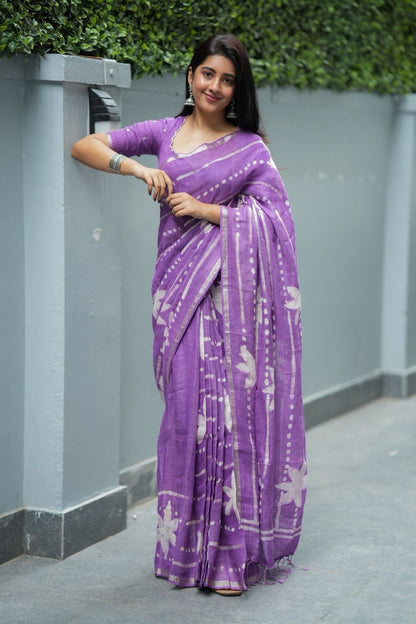 Purple linen floral saree with hand work blouse