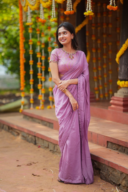 Lavender marble saree with Jewel neck handwork blouse
