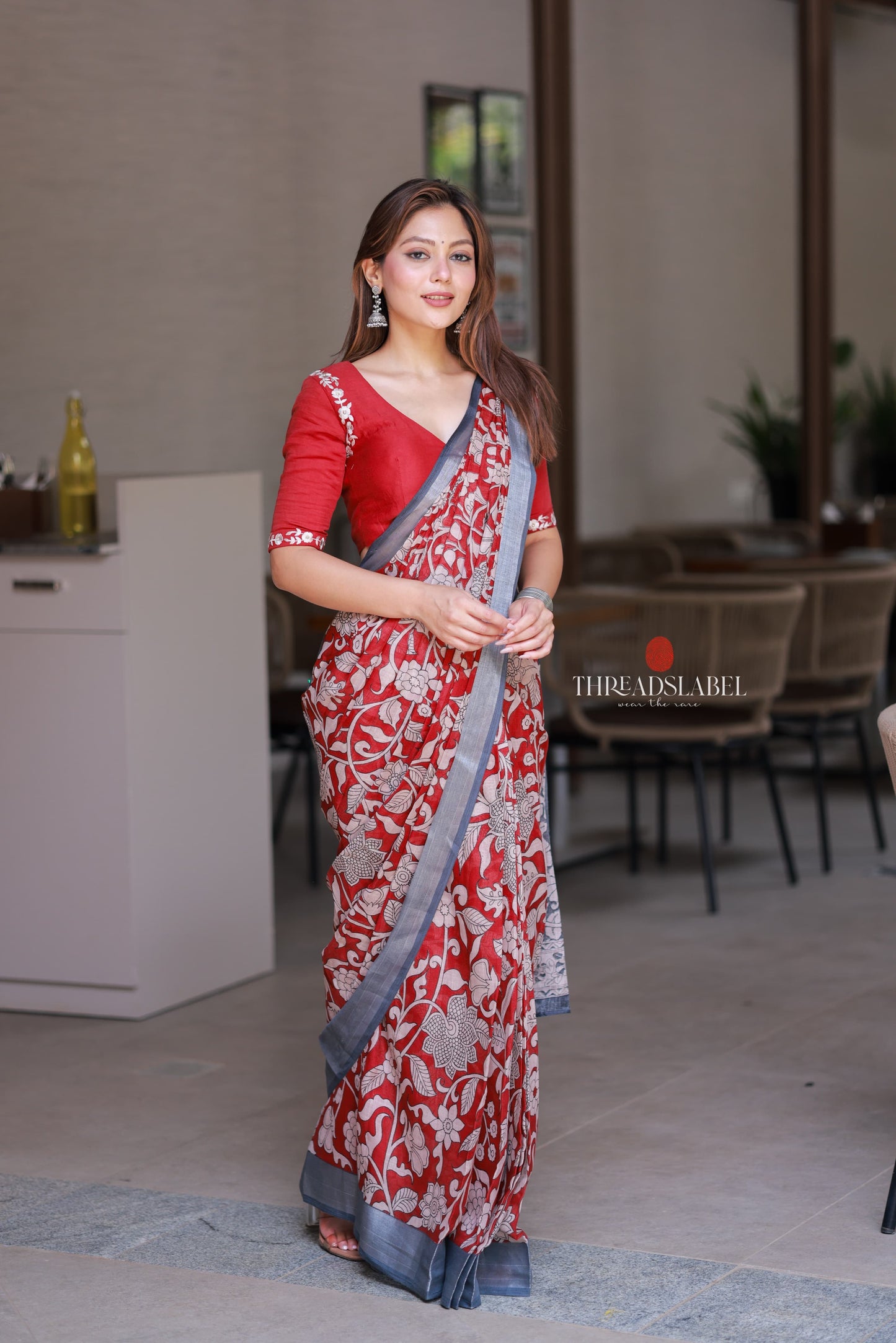 Reddish maroon linen cotton kalamkari saree with embroidery blouse
