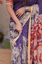 Purple kota saree with kalamkari work blouse
