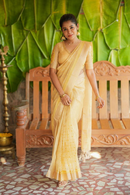 Gold kota doria saree with hand work blouse