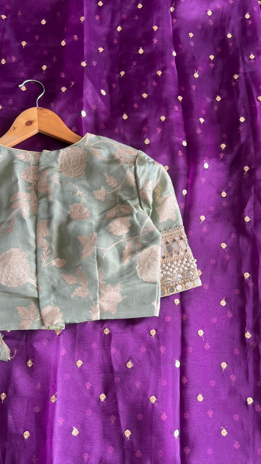 Pista green tissue banarasi mirror blouse (only blouse)