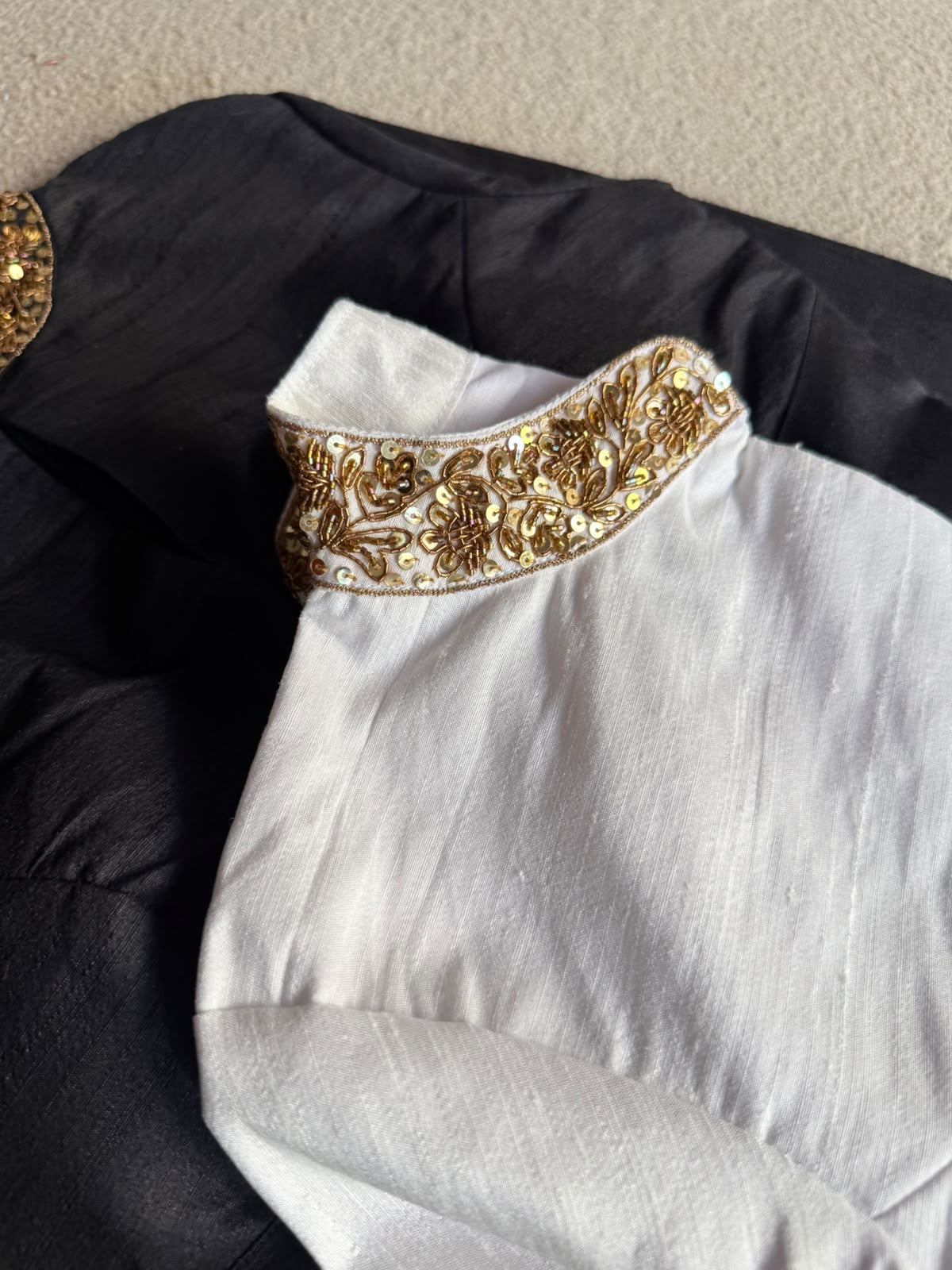 White silk collar hand work blouse