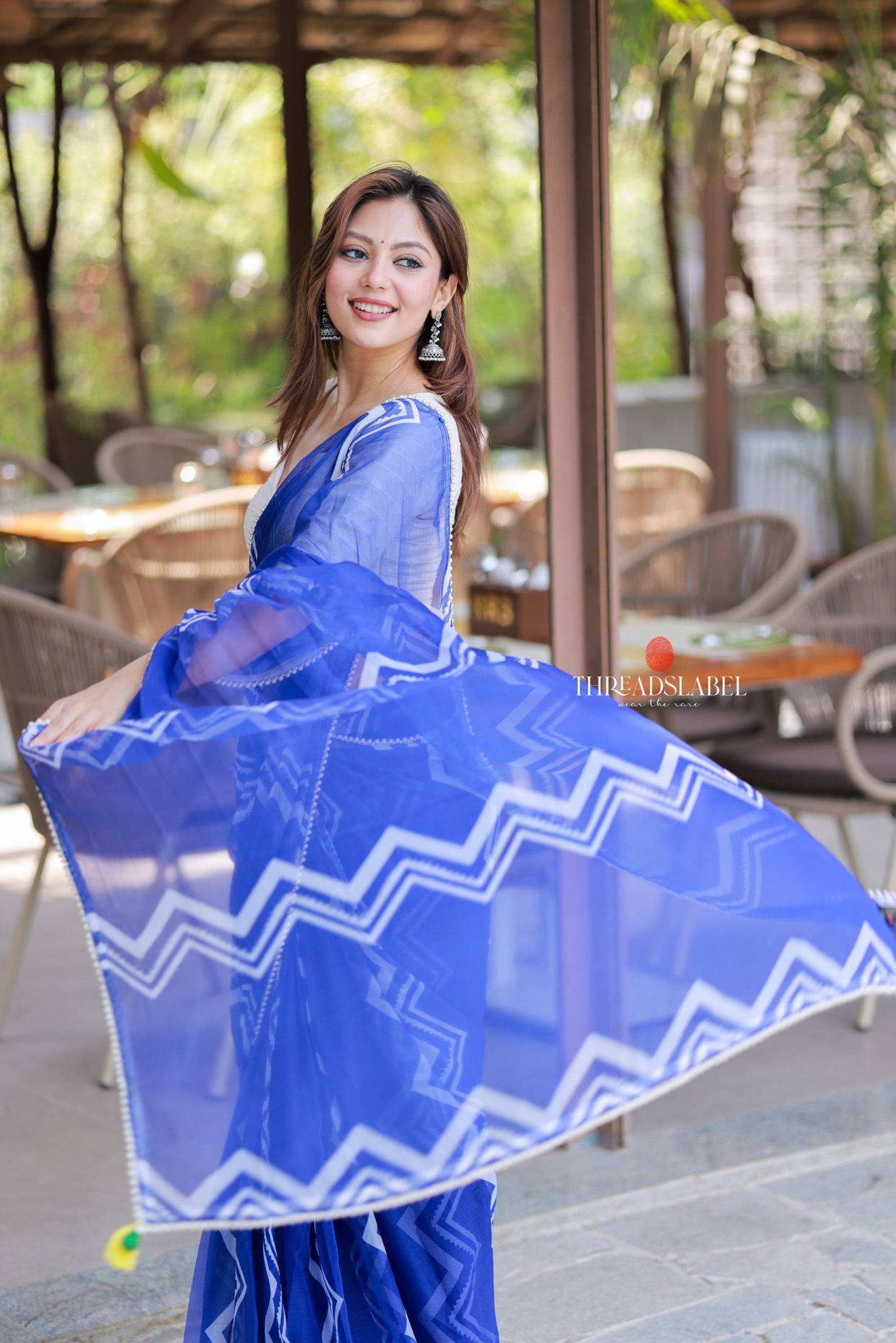 Blue chiffon saree with white embroidery blouse