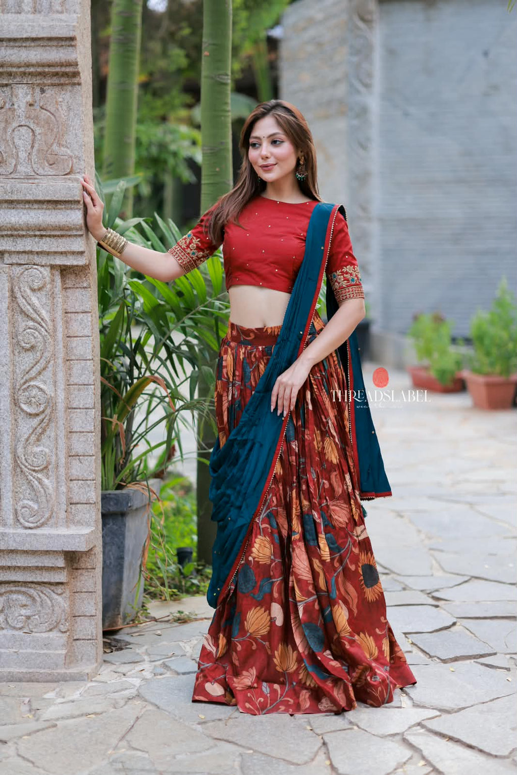 Maroon kalamkari handwork lehenga