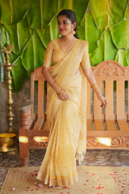 Gold kota doria saree with hand work blouse