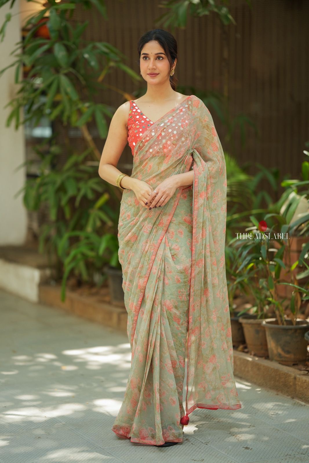 Red silk mirror hand work blouse (only blouse)