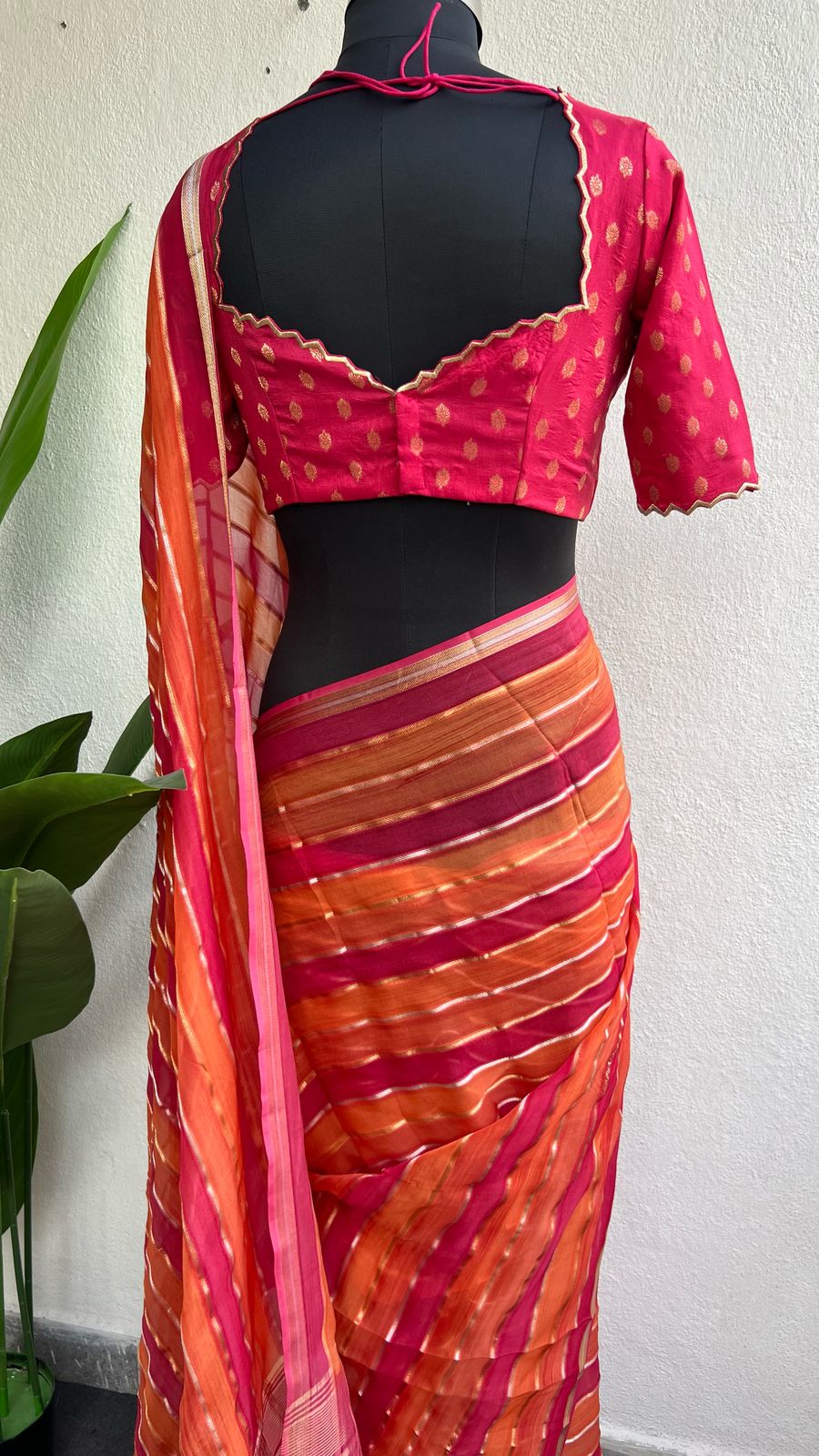 Pink & orange stripped soft organza saree with banarasi hand work blouse