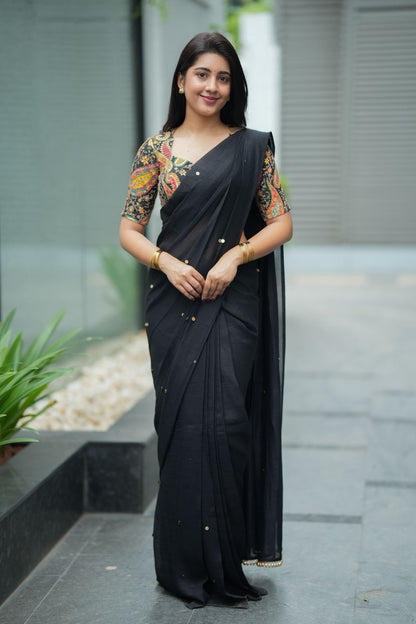 Black malai chanderi saree with heavy embroidery blouse