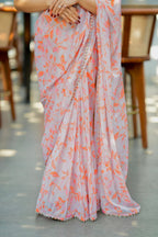 Reddish orange tissue floral hand work blouse(only blouse)