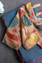 Blue malai cotton saree with kalamkari handwork blouse