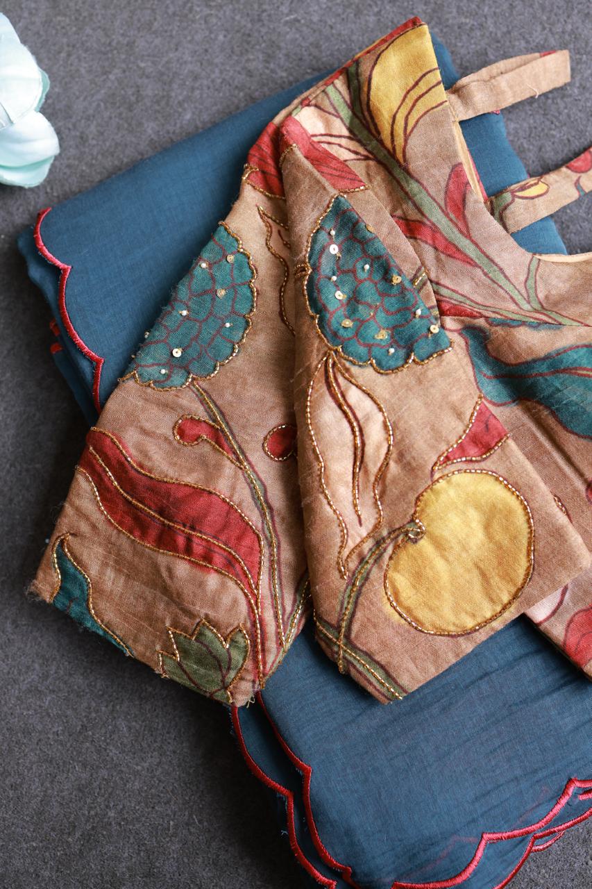 Blue malai cotton saree with kalamkari handwork blouse