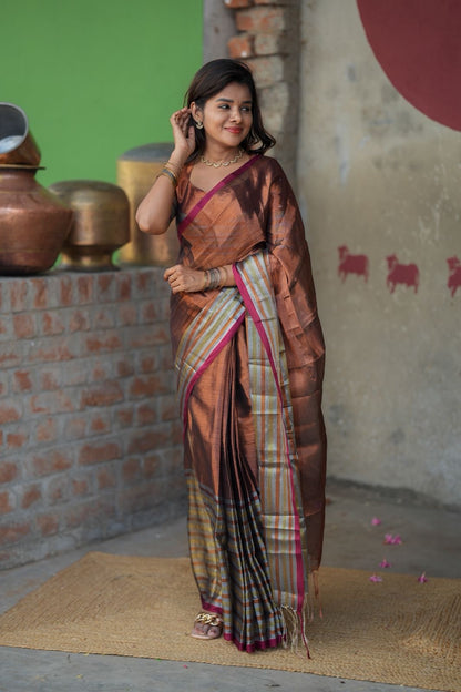 Copper soft tissue saree with handwork blouse