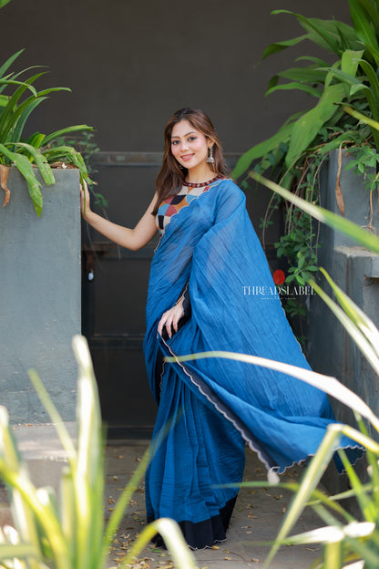 Blue mul chanderi saree with mirror work blouse