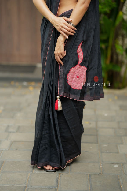 Black mul chanderi saree with pink embroidery blouse