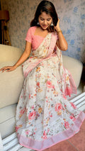 Cream linen cotton floral saree with checked blouse