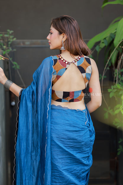Blue mul chanderi saree with mirror work blouse