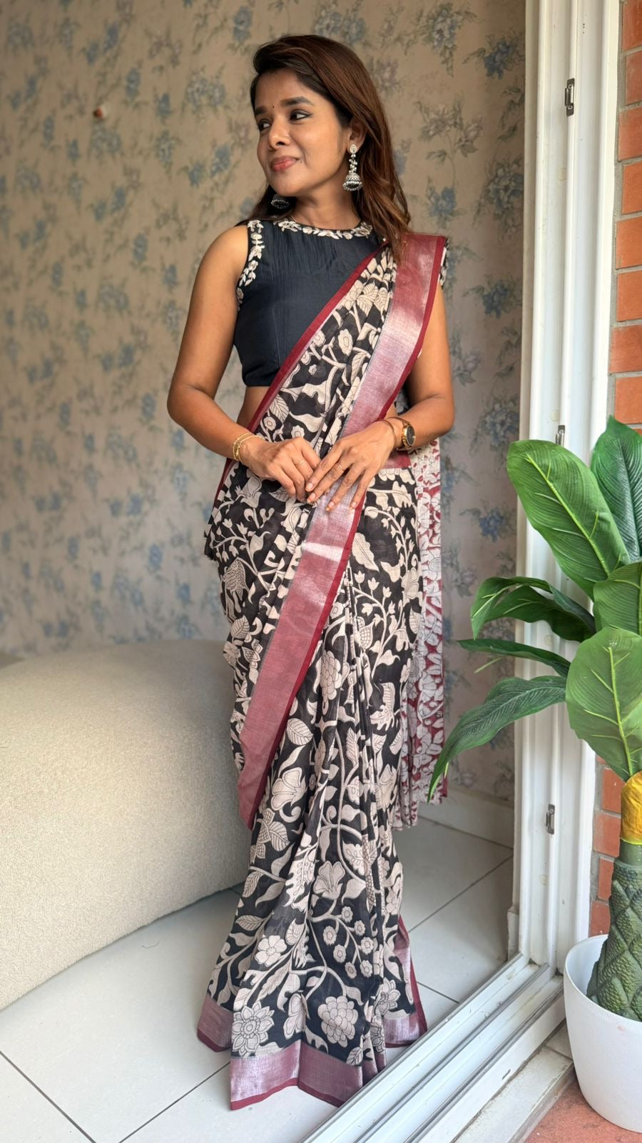 Black linen cotton kalamkari saree with embroidery blouse