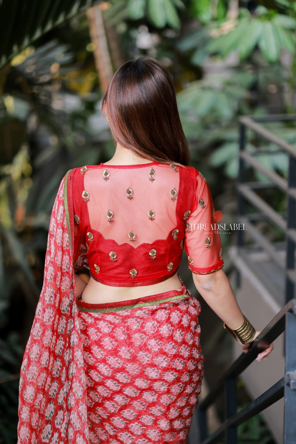 Red cotton kota saree with hand work blouse