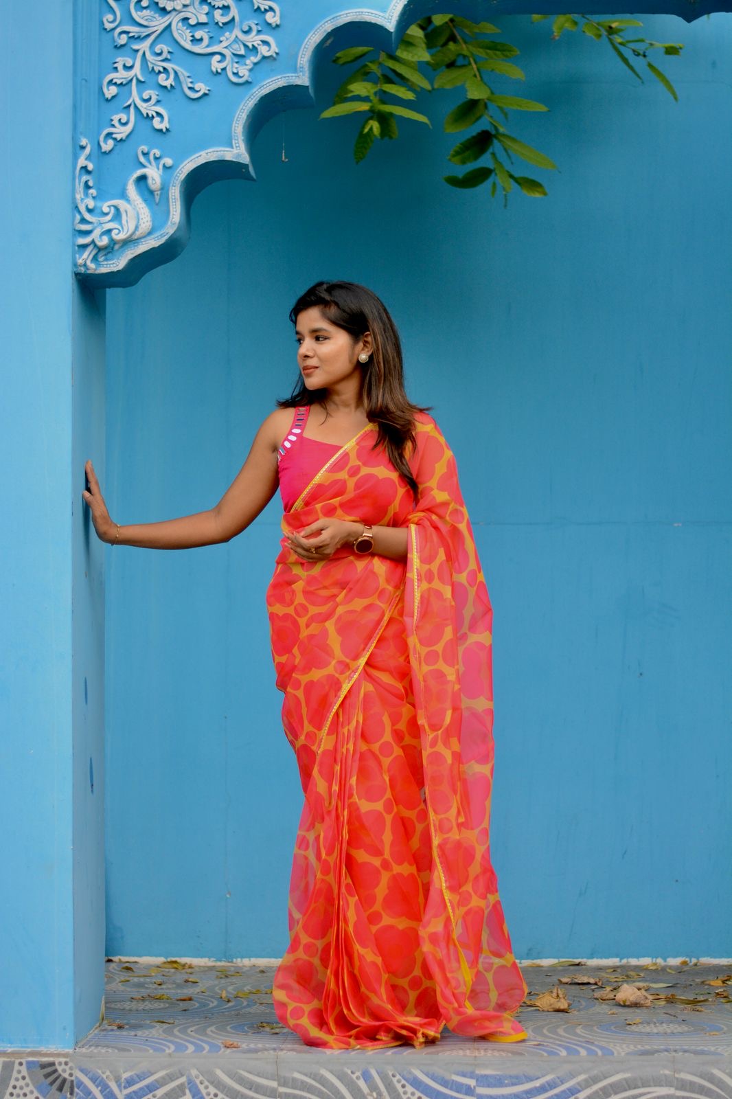 Pink intricate mirror hand work blouse ( only blouse )