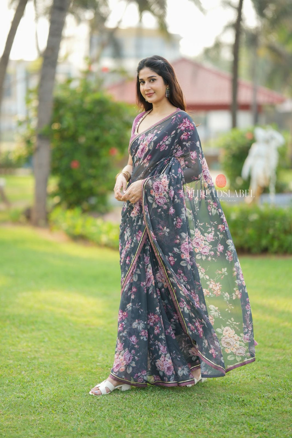 Grey georgette floral print saree (only saree)