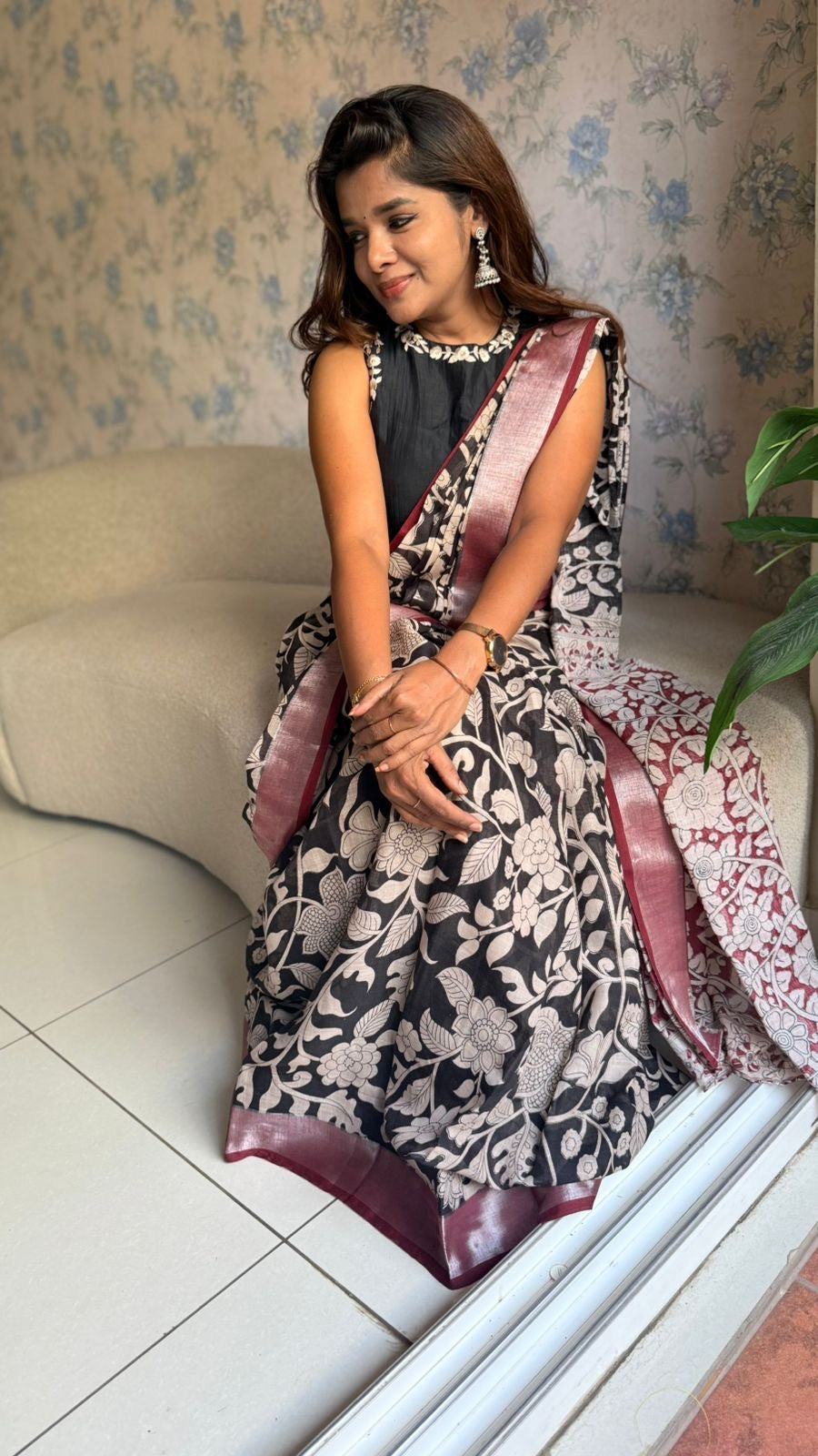 Black linen cotton kalamkari saree with embroidery blouse